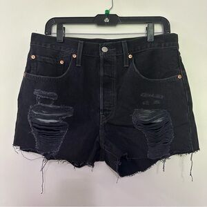 LEVI'S 501 BLACK Denim Short‎ High Rise Fitted Through Hip Size 30 Distressed